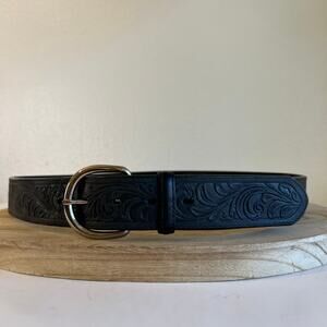 Silver Creek USA Made Floral Tooled Black Genuine Leather Silver Belt Size Large